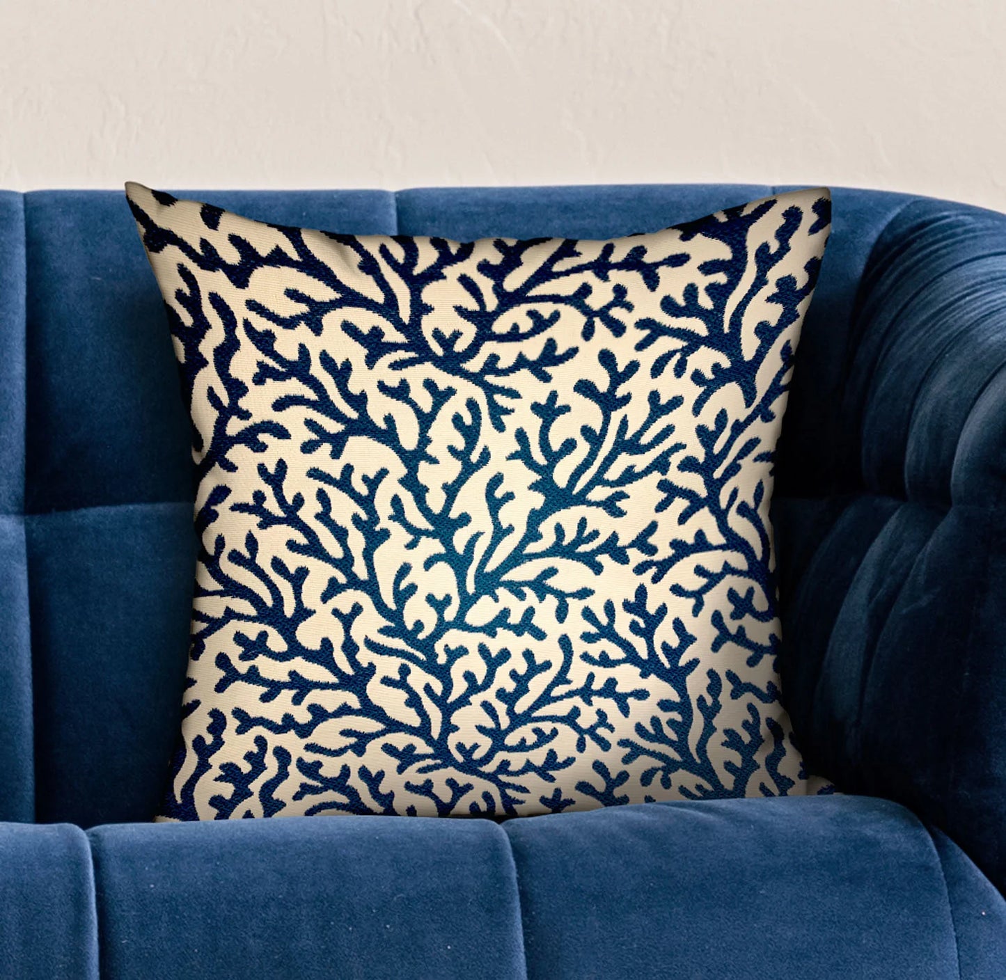 Sapphire Vines Blue, Cream Floral Luxury Throw Pillow